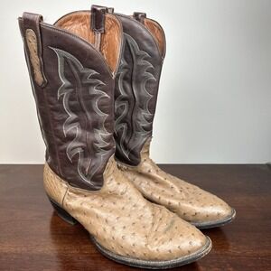VTG NOCONA Boots Ostrich Full Quill Cowboy Western Brown Tan Men's Size 15 EE